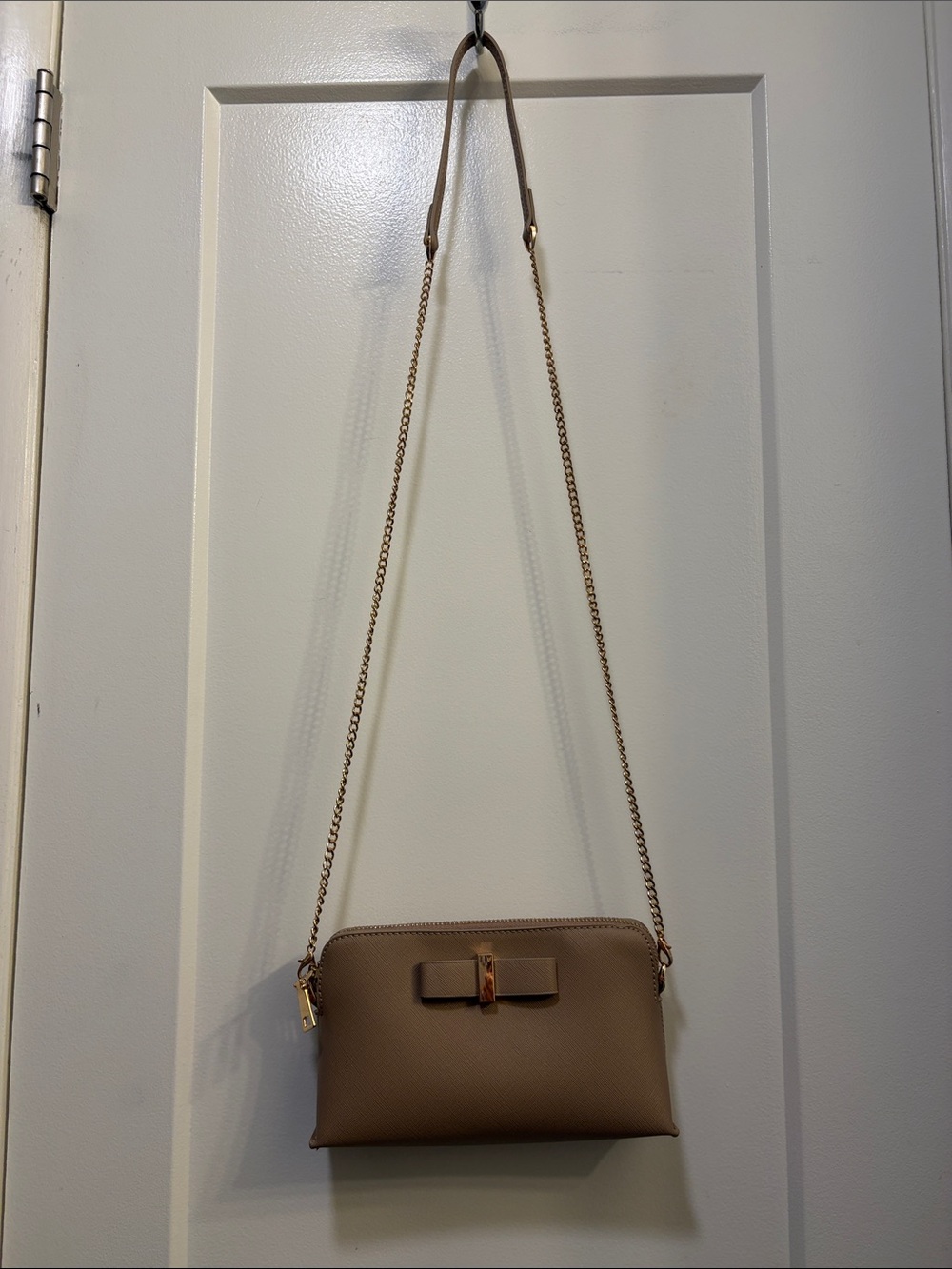 Miztique Taupe Bow Crossbody with Gold Chain